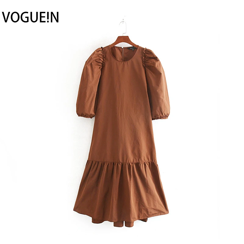 Женское летнее платье VOGUEIN с 3/4 рукавом и округлым вырезом горловины, коричневый цвет, длина миди, оптовая продажа.