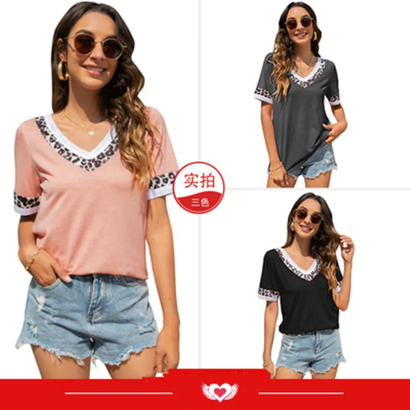

Women Short Sleeve T-Shirt Leopard Pritned Splice Tops Tee 2021 New Summer Lady V-Neck Loose Tops Fashion Streetwear Basic Tops