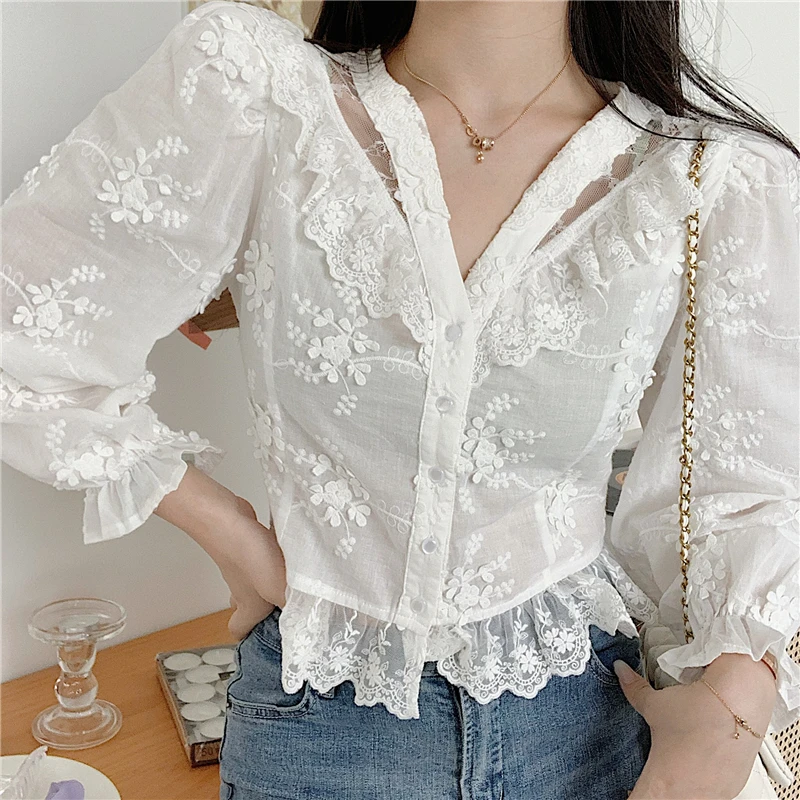 

Lace Up Ruffles Sweet Style Women's Clothing Autumn Blouses V-neck Crop Top Fashion Brand Korean Clothes Ladies Shirts New