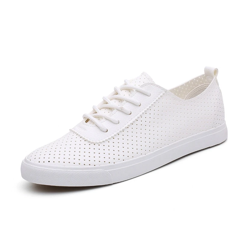 Черные/белые кожаные кроссовки мужские летние дышащие на шнуровке повседневные