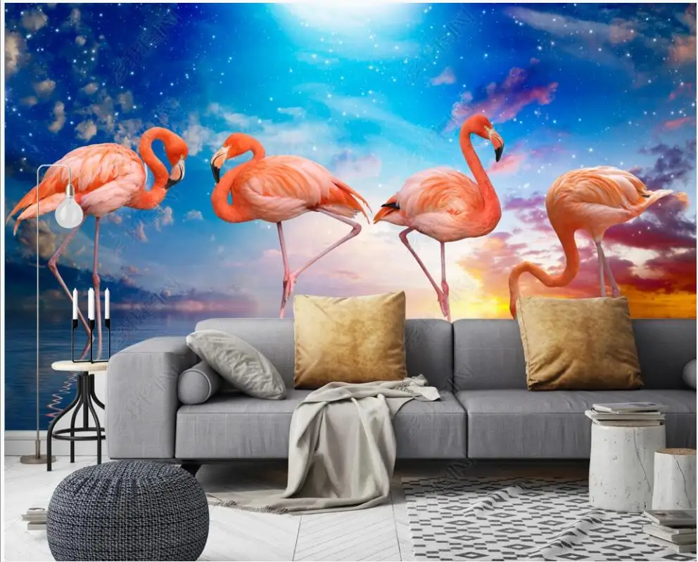

custom mural Photo wallpaper Modern sunset lake flamingo starry sky living room home decor 3d wallpaper for walls in rolls