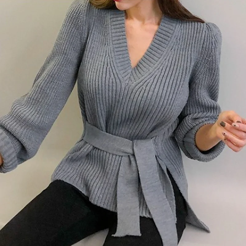 

New Fashion Sweater 2022 Autumn Knitted Jumper Sweater Elegant Lace Up Korean Pullover V-neck Tops Knitwear Pull Femme 16491