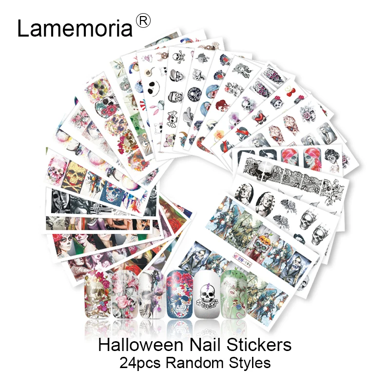 24 шт./компл. Набор наклеек для ногтевого дизайна в стиле Хэллоуин цветок Череп