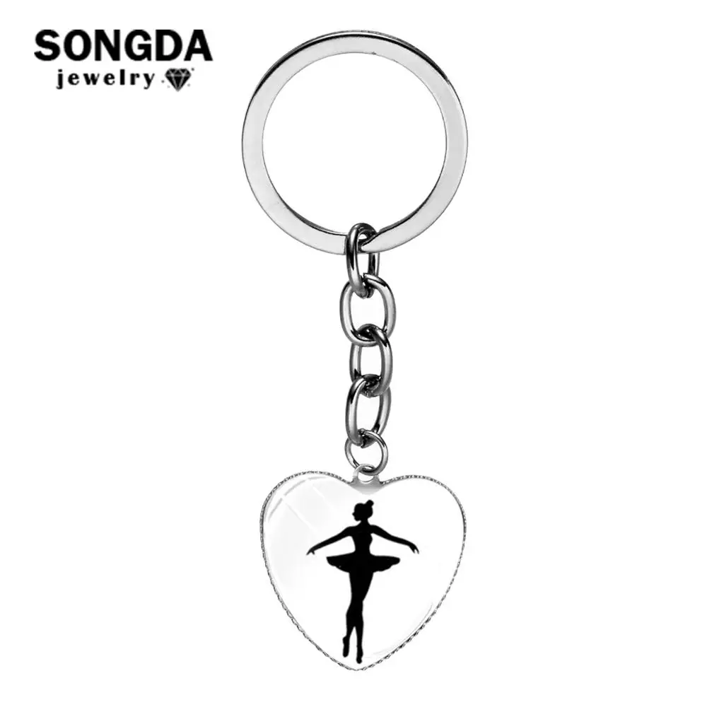 Силуэт балерины цепочка для ключей с изображением стеклянного сердца элегантная