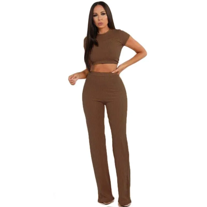 

Donsignet Fashion Women's Suit Summer Casual Hot Sale Round Neck Pullover Solid Color Sexy Nude Wide Leg Pants Two-piece Suit