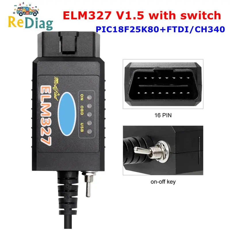 Профессиональный ELM327 V1.5 USB переключатель OBD2 сканер HS CAN/MS CAN PIC18F25K80 FTDI/CH340 elm327 для Ford