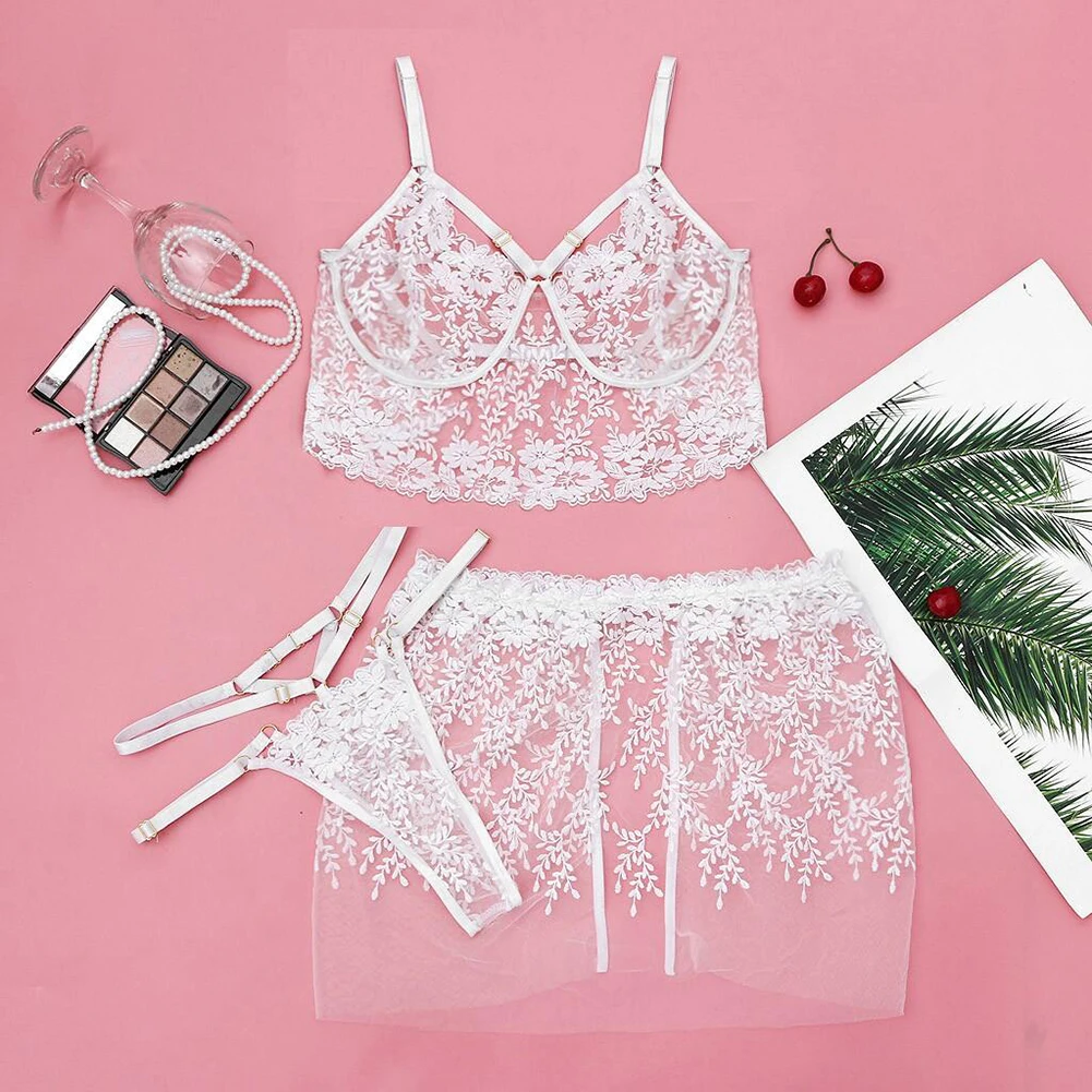 

Women's Sexy Lace Lingerie 2020 White Lace Floral Bra Top G-string Thong Sleepwear lingeries See through Erotic sets