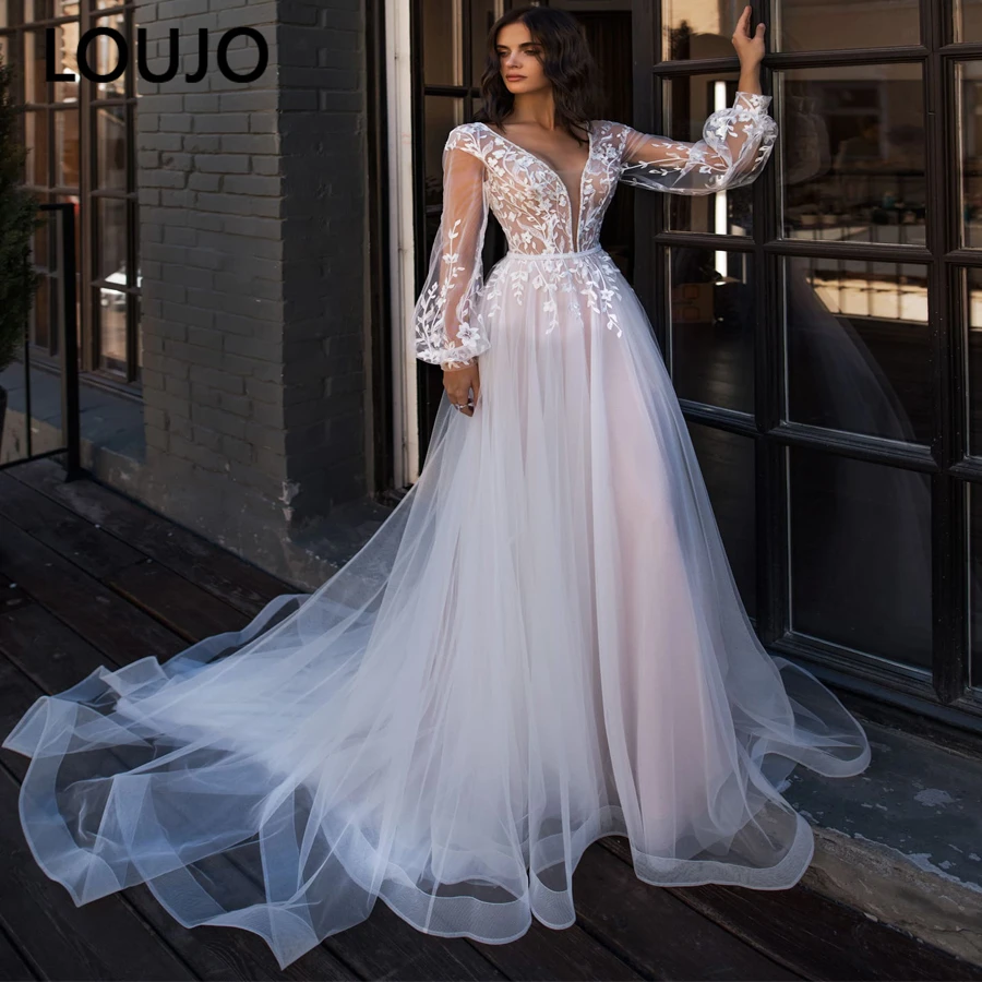 Wedding Dress Beach Illusion Long Sleeves Sheer Backless Lace Appliqued Ball Gown Wedding Gowns Boho Bridal Robe De Mariag plus size wedding dresses