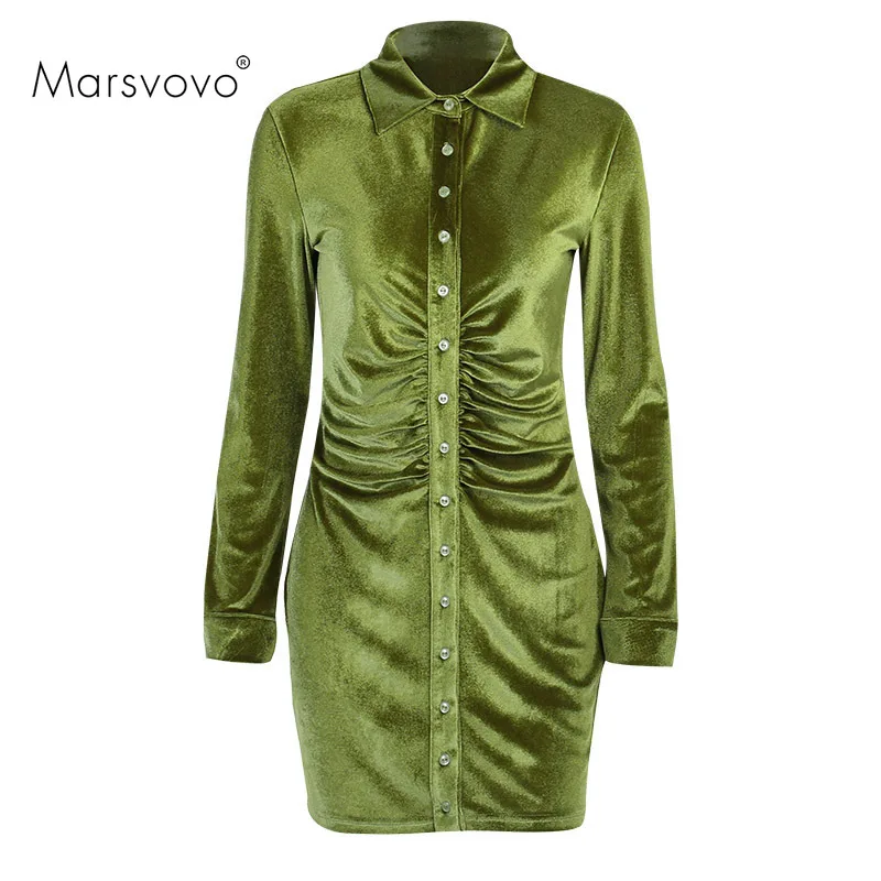 

Marsvovo Solid Office Women Long Sleeve Vestidos Velvet Dress Sexy V-neck Party Club Wear Female Summer Green Cheongsam Dress