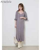 2022 early spring japanese new sweet button thread knitted fishtail dress women