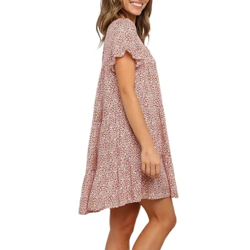 

Womens Floral Short Sleeve Crew Neck Swing Dress Summer Beach Holiday Sundress