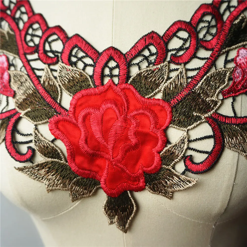 Красная вышитая цветочная роза тканевый воротник цветочные листья аппликация