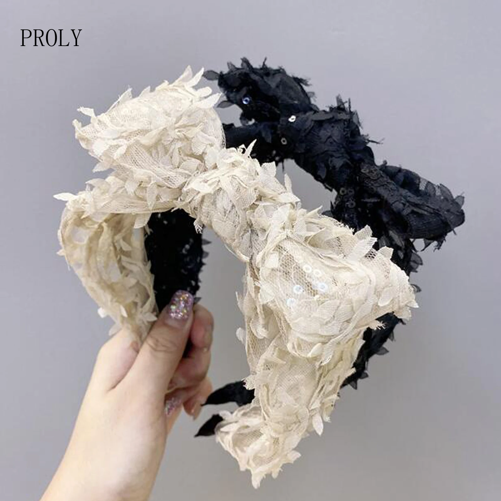 

PROLY New Fashion Women Hairband Wide Side Lace Flower Headband big Bow Knot Solid Headwear Soft Adult Hair Accessories