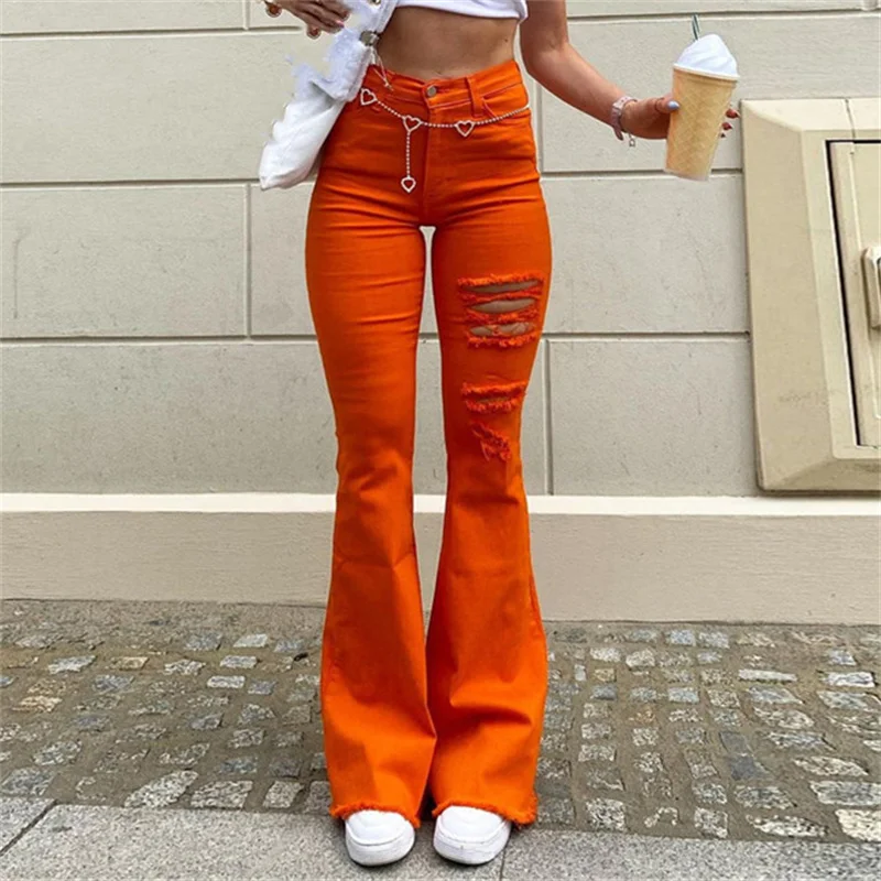 

hirigin Y2K Women Jeans Skinny Ripped Holes Solid High Waist Flared Pants 2021 Spring Autumn Denim Destroyed Jeans Streetwear