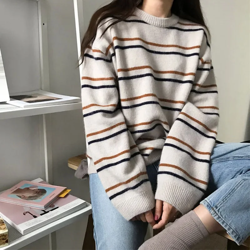 

Pullovers Women Soft Autumn O-Neck Sweaters Chic Daily Tops Womens Pullover Sweet Student Striped Harajuku Knitted Loose Fashion