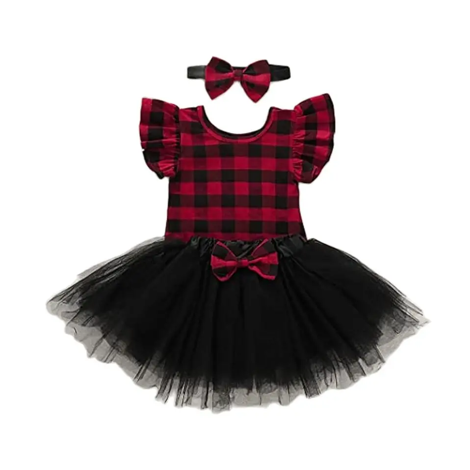 

Newborn Infant Baby Girl Christmas Skirt Set Ruffle Red Plaid Romper Tulle Tutu Skirt with Bowknot Headband Outfits Set