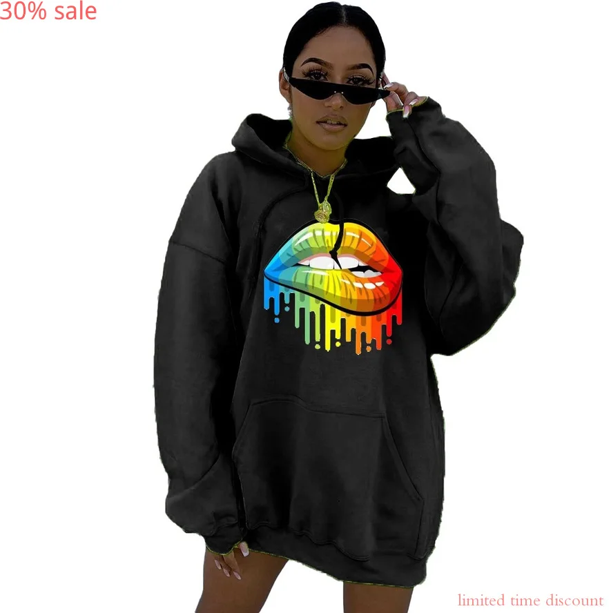 Женская толстовка с капюшоном черная длинная свободная большого размера принтом