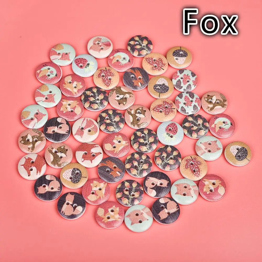 Круглые деревянные пуговицы с цветочным принтом 50 шт. 2 отверстия 15 мм смешанные