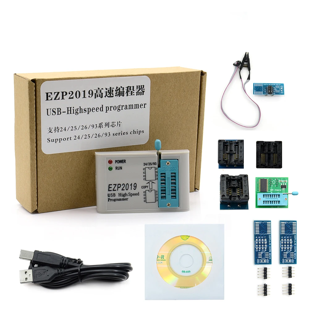 Высокоскоростной USB SPI программатор EZP2019 + 5 адаптеров Поддержка 24 25 93 EEPROM Flash Bios Чип