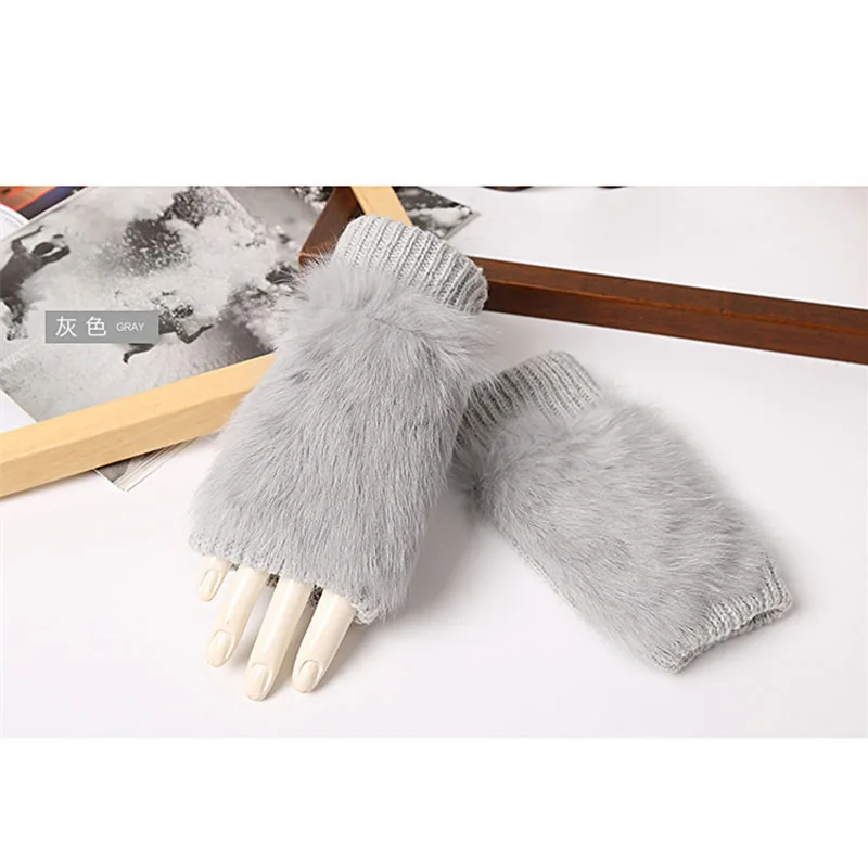 Women Rabbit. Fur Mitten Plush Glove Costume Cute Winter Warm Half Finger Gloves Women Female Gloves Mitten keep warm