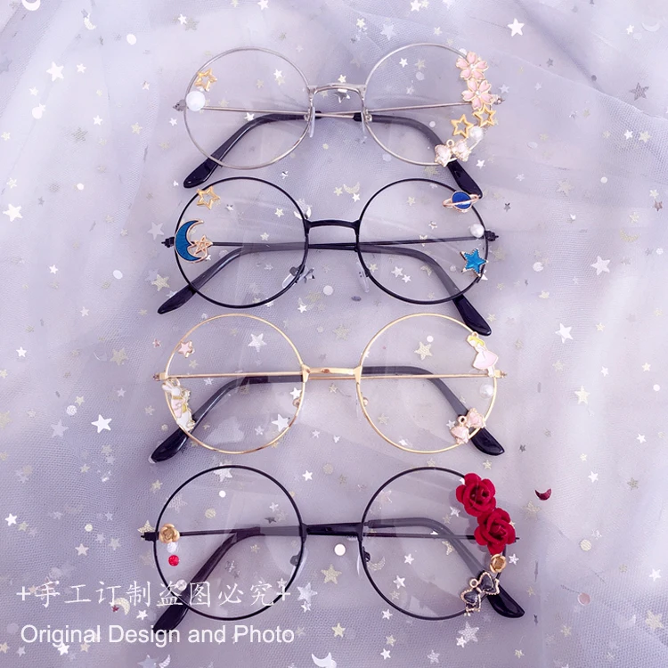 Handmade Lolita Soft Sister Sweet Japanese Harajuku Girl's round Frame Cherry Blossom Glasses Cos Man Zhan Gothic Glasses