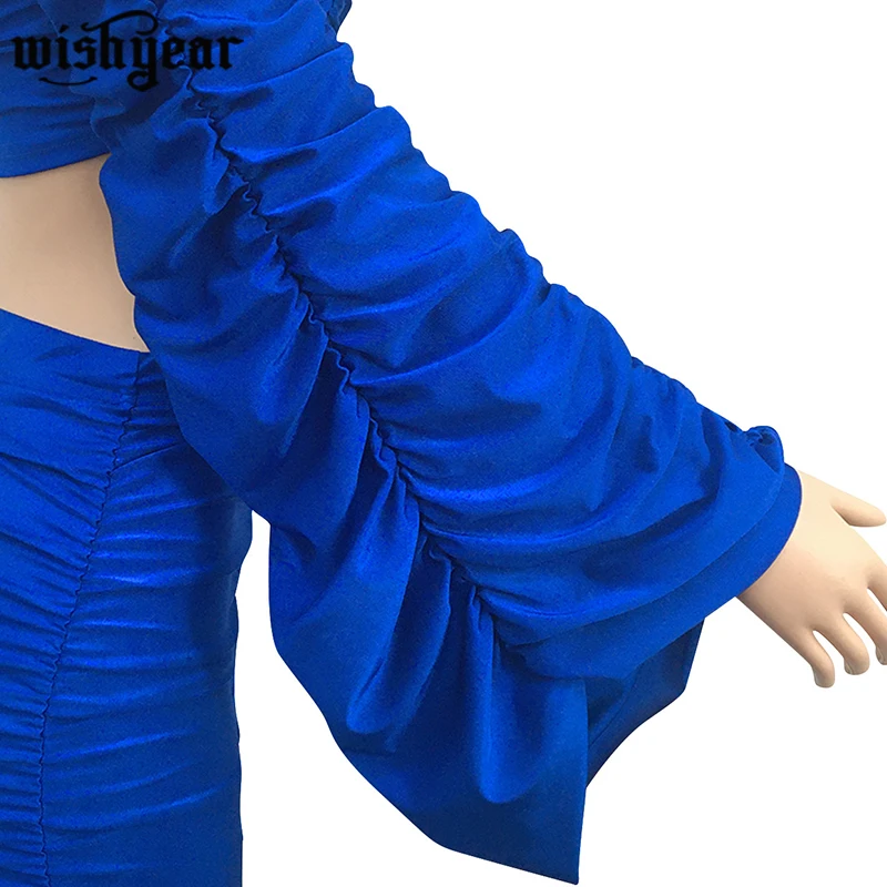 

Sexy Stacked Women's Set Off Shoulder Ruched Flare Sleeve Strapless Crop Top Ruched Stacked Pants Night Club Suits Clothing