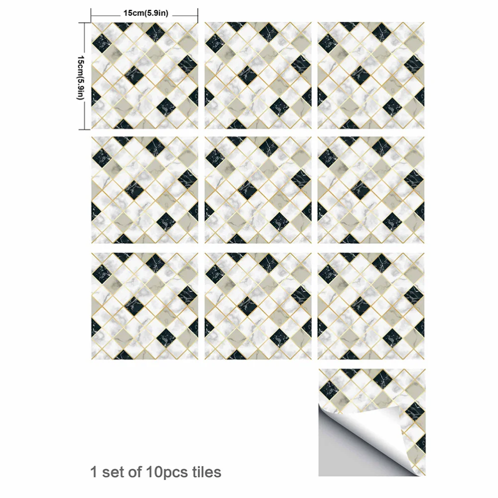 

10pcs/1 Set Geometric Pattern Tile Stickers Waterproof Self-Adhesive Decorative Wall Stickers Tile Stickers for Home (15x15cm)