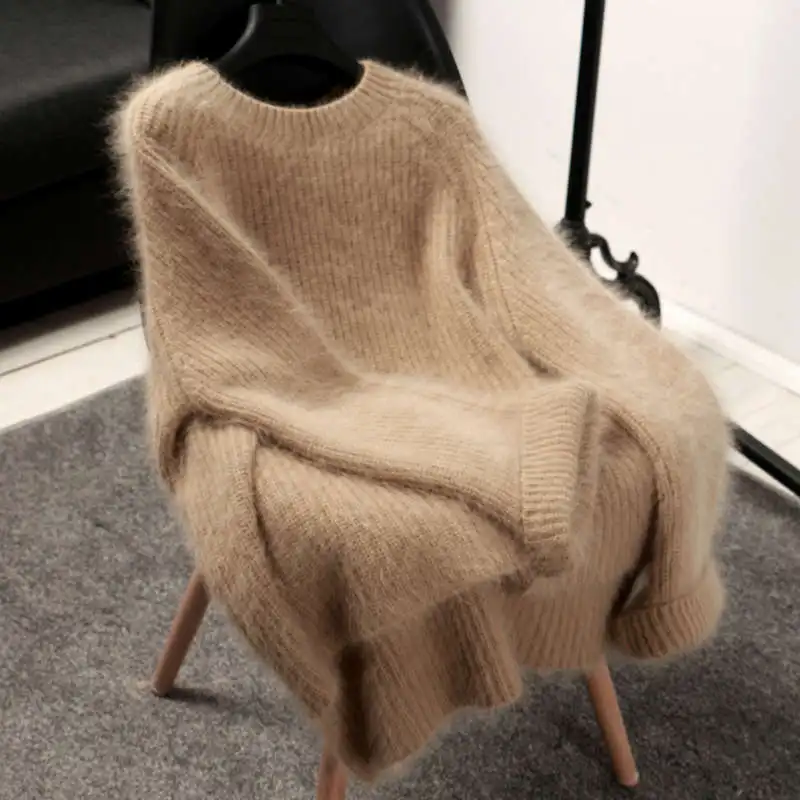 

2019 New Autumn Winter Plus Size Sweaters Warm Knitted Women Pullovers Mohair Knit Sweater Women O-Neck Pullover HK168