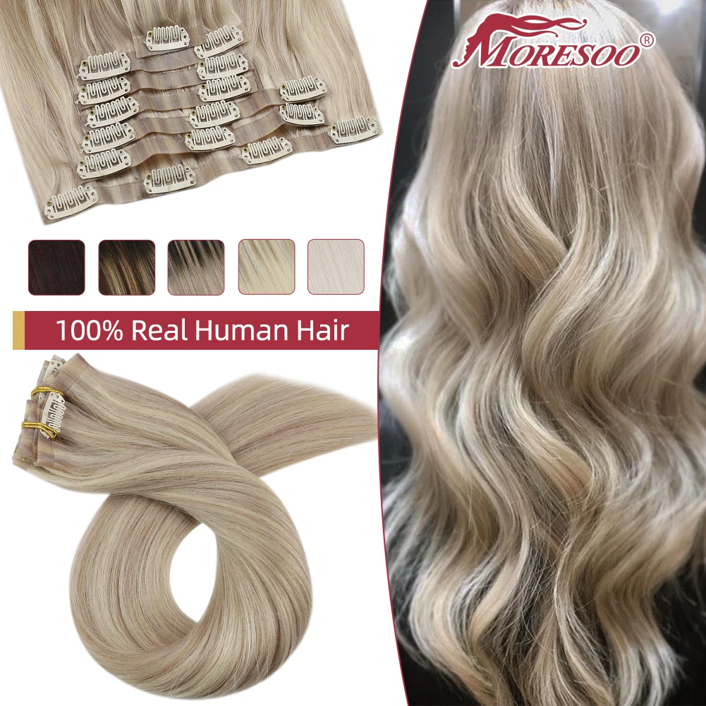 [Color Combination ] Moresoo PU Clip in Hair Extensions 100% Human Hair Natural Straight Seamless Machine Remy Hair Invisible