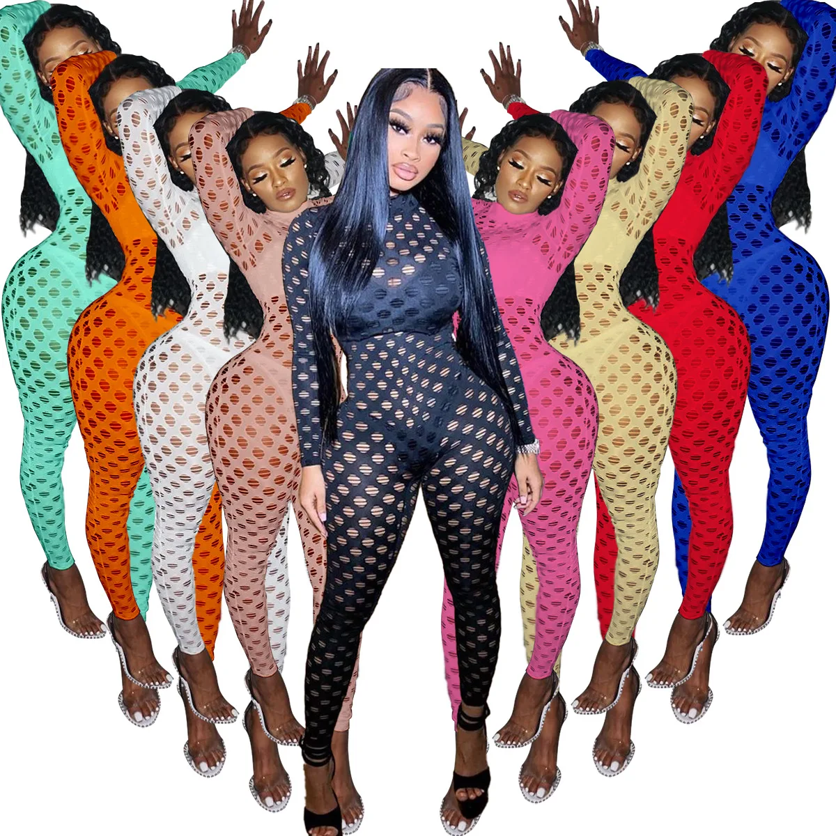 Модные ажурные Комбинезоны Женская водолазка пикантные сетчатые облегающие