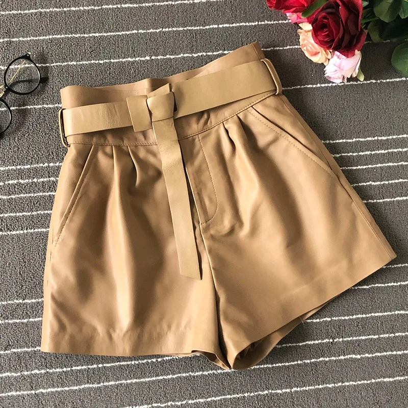 Autumn Sheepskin Short Women High Waist A-Line Real Leather Wide Legged Shorts Casual Fashion Designer Sashes Push Up Hotpants