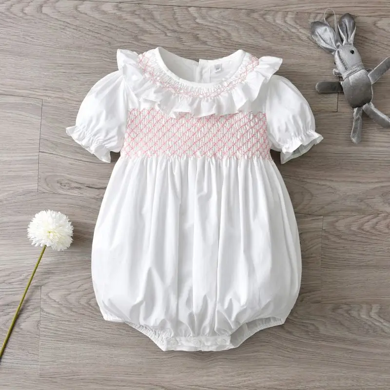 Baby Smocked White Rompers infant Girls Hand Made Smocking Jumpsuit Children Boutique Smock Clothes Customized Clothing