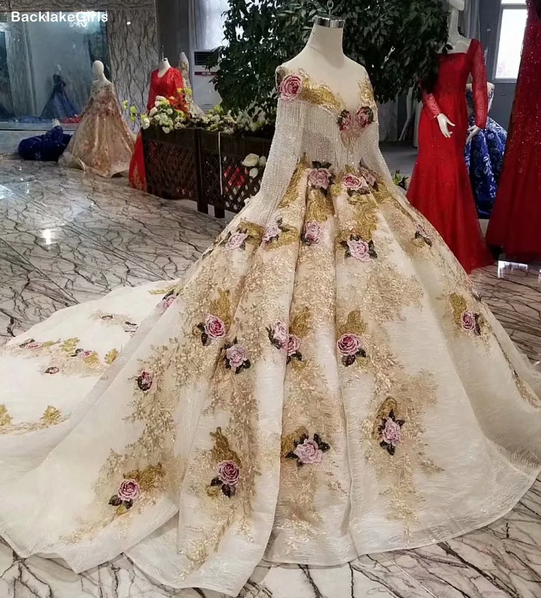 Rose Flowers Champagne And White Beautiful Dress Floor Length O Neck Long Sleeve Lace Up Back Cheap Evening Robe De Mariee | Свадьбы и
