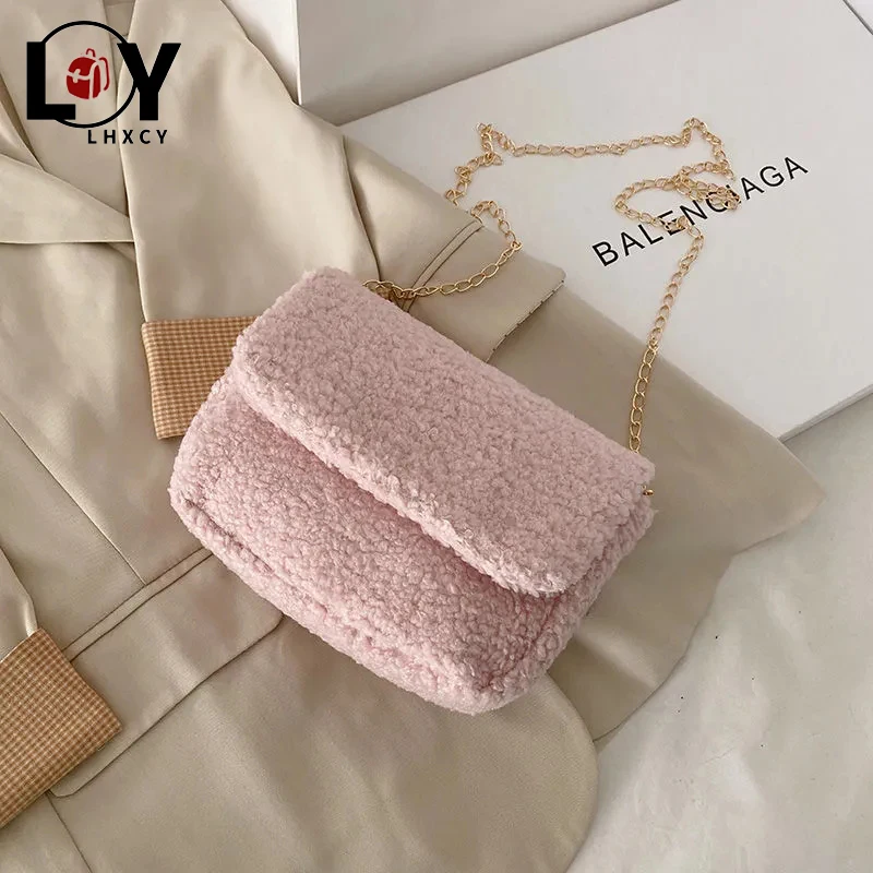 

Cute Plush Ladies Chain Square Shoulder Bags Korean Style Hasp Clamshell Crossbody Bags New High Quality Luxury Designer Handbag