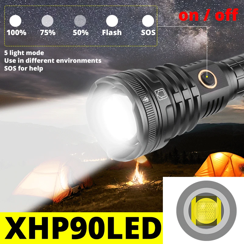 Супер яркий светодиодный фонарик Xhp90.2 с аккумулятором 26650 тактический зум