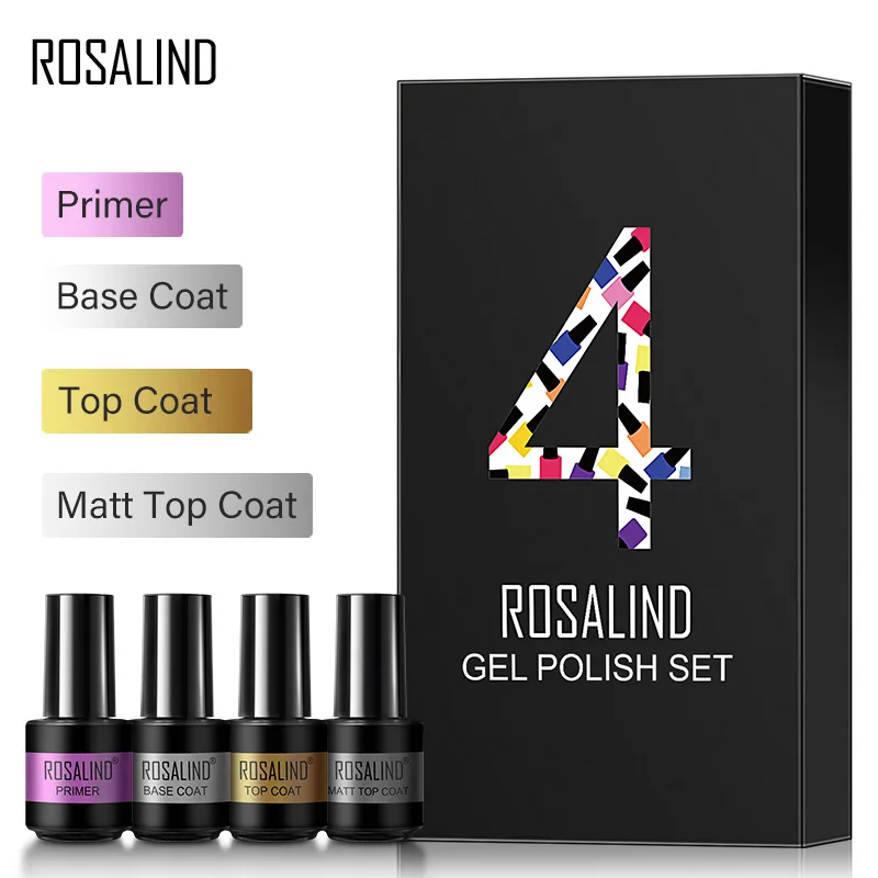 

ROSALIND 2/4pcs Top Base Coat Gel Polish Kit Base Foundation and No Wipe Top Coat Transparent Primer Soak off Lacquer Varnish