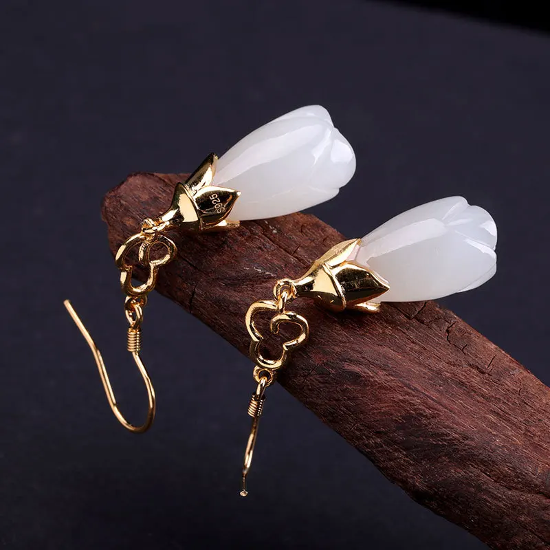 Женские серьги из серебра 925 пробы с натуральным белым нефритом|Серьги-подвески| |