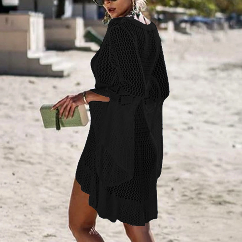 Пляжная накидка вязаное крючком с кисточками и галстуком туника длинное парео