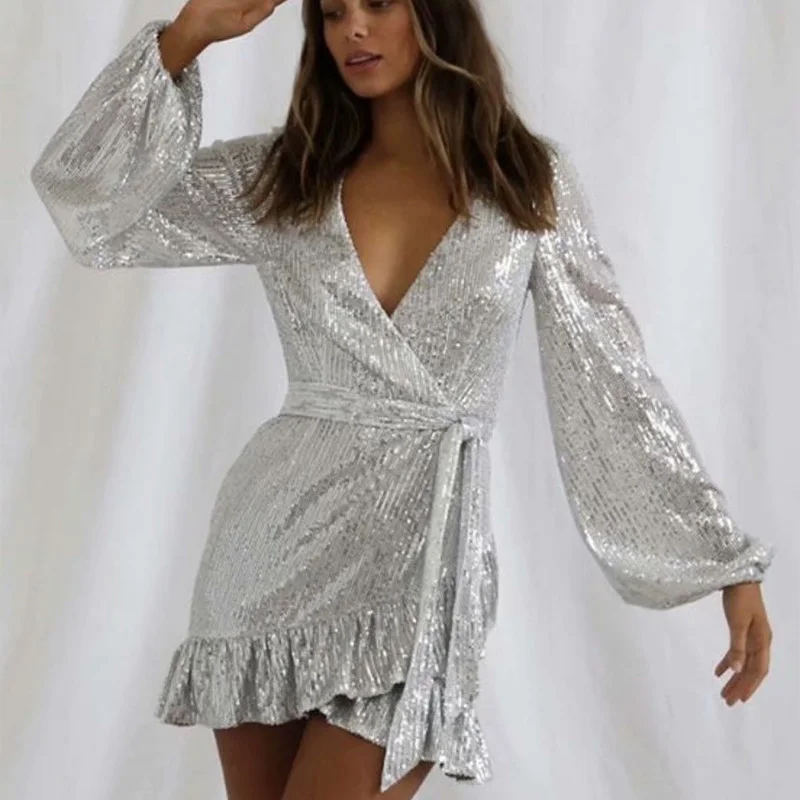 

Sexy Sequin Wrap Dress Autumn Winter Elegant Night Club Ladies Clothes 2021 New Ruffles Long Sleeve Bling Shiny Mini Party Dress
