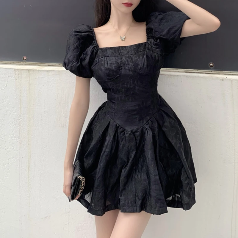 

New Women Fashion Princess Dress Square Collar With Short Puff Sleeve Solid Color Dresses Sweet Summer Party Dress
