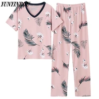 summer brand new womens pajama sets elegant nightwear women lounge plus short sleeved long pants sleepwear 4xl female homewear