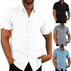 Рубашка мужская с воротником с короткими рукавами, Повседневная сорочка с воротником, на пуговицах, тонкая Удобная футболка свободного покроя, для отдыха, однотонная, лето