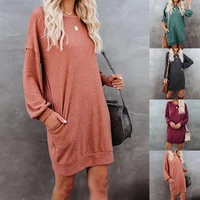 casual dress solid color pockets women round neck long sleeve dress streetwear