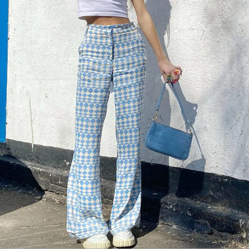 

Женские брюки с геометрическим принтом, голубые офисные повседневные брюки с завышенной талией, уличная одежда y2k с широкими штанинами, 2021