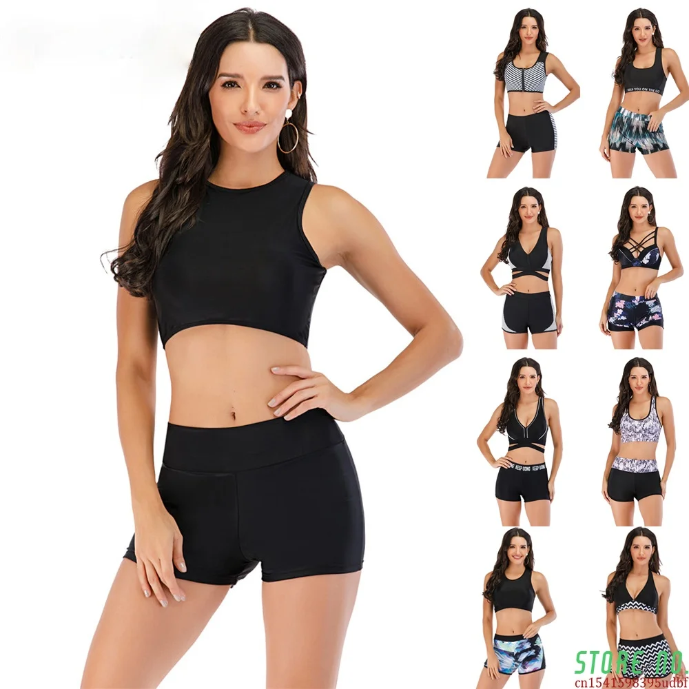 

High Waist Two Piece Bikini Set With Shorts Swimsuit Women 2021 Print Sport Swim Gym Push Up Swimwear Bathing Suit Shorts XXL