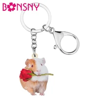 bonsny acrylic valentines day rose guinea pig key chain ring bag car wallet decoration animal keychain for women girl teen gift