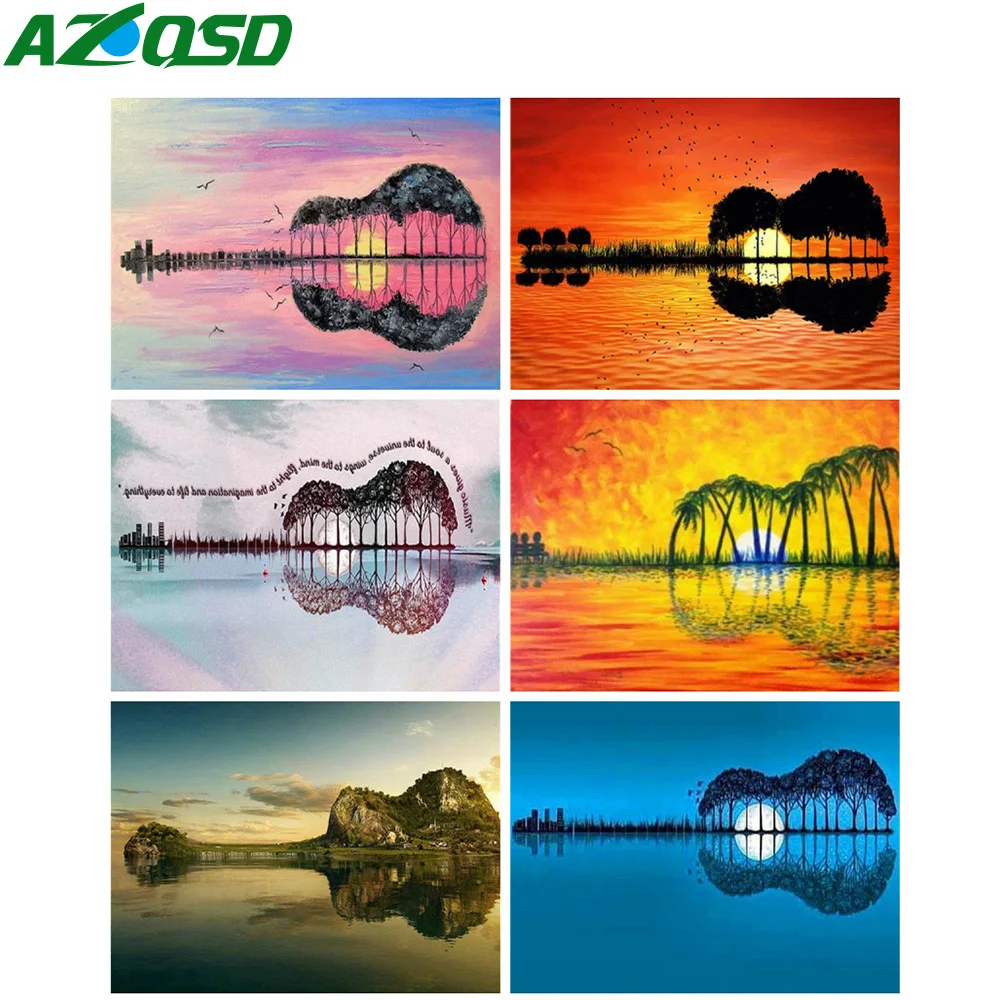 

AZQSD Painting By Numbers Guitar Landscape Lake Drawing By Numbers Scenery Wall Decoration Hand Painted Canvas Oil Paintings