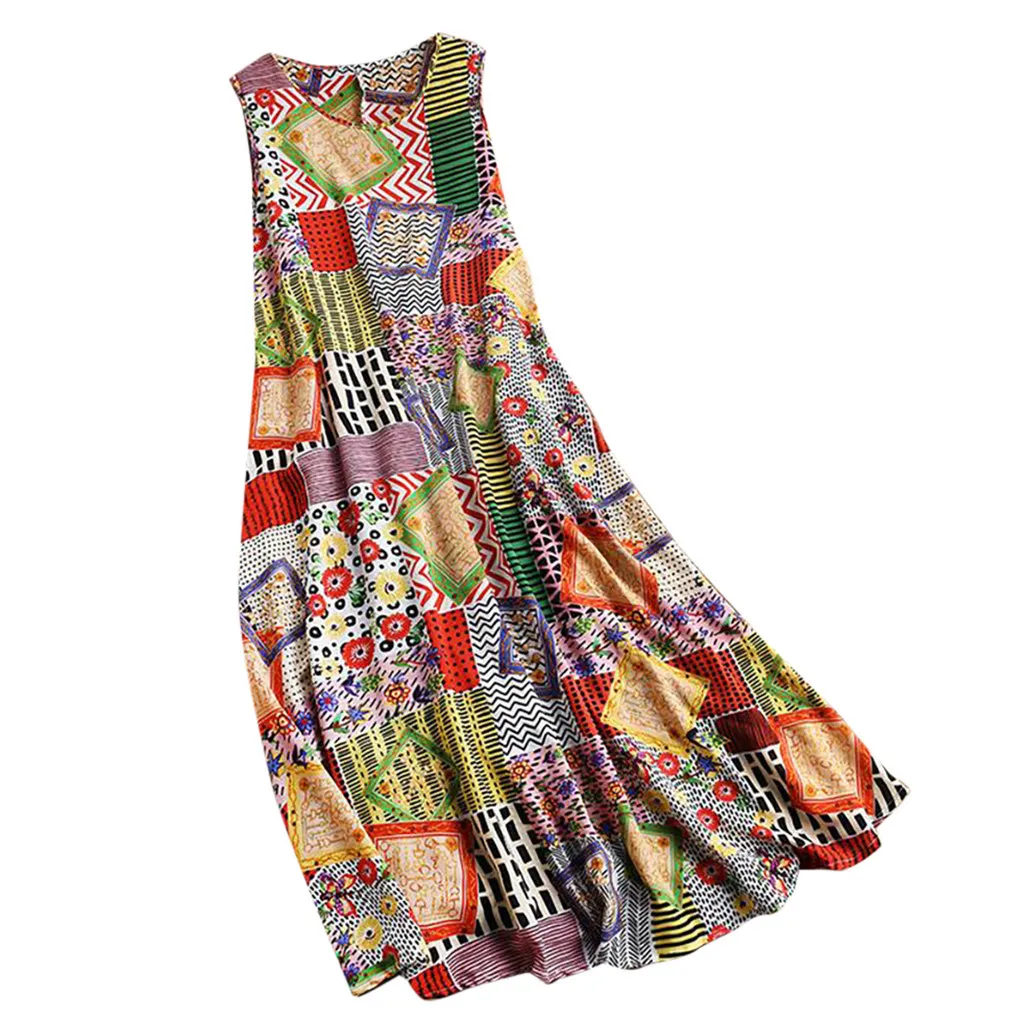 Женское винтажное платье с цветочным принтом Длинное свободное без рукавов