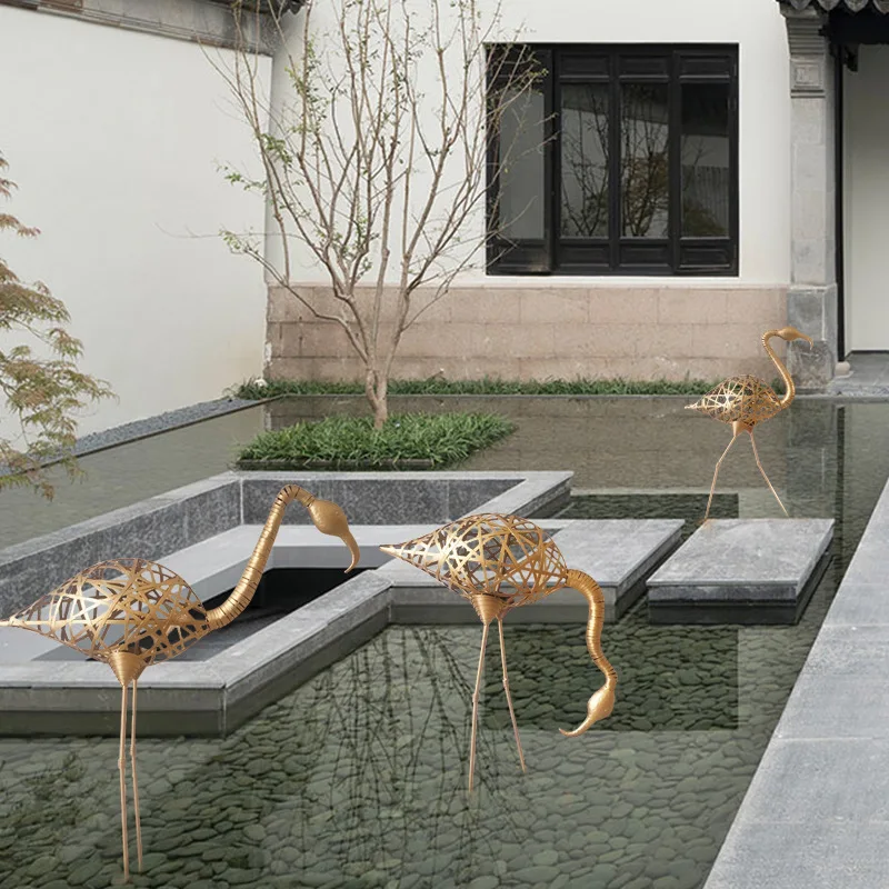 Decoraci&oacute;n de escultura de jard&iacute;n, adornos de Metal de estilo europeo para suelo exterior, flamenco de hierro forjado, accesorios de boda-2
