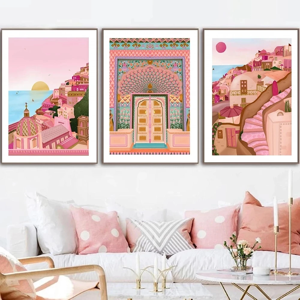 

Modular Canvas Poster Wall Art Morocco Door Taj Mahal Santorini Hd Prints Cartoon Picture Home Decor Painting for Living Room